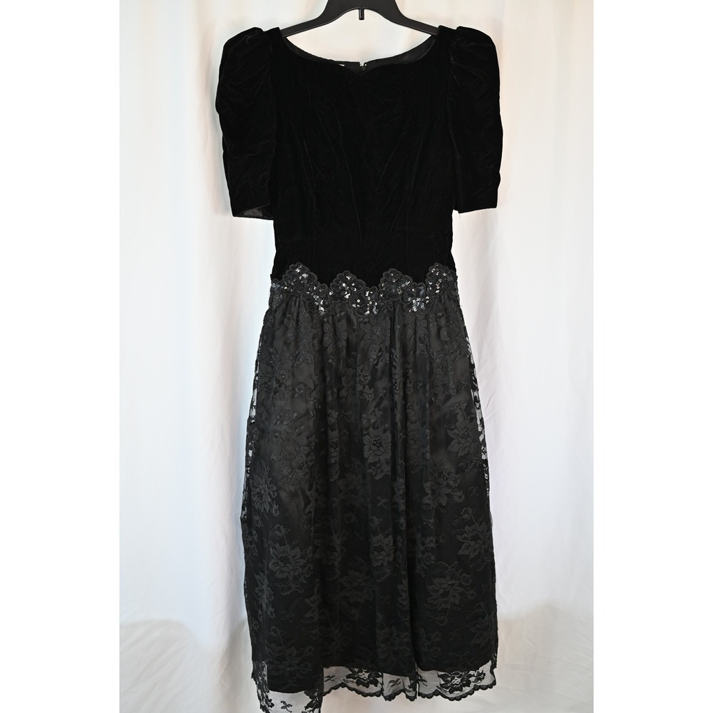 Scott McClintock Vintage Black Velvet Lace Sequin Dress Short Puff Sleeve 10